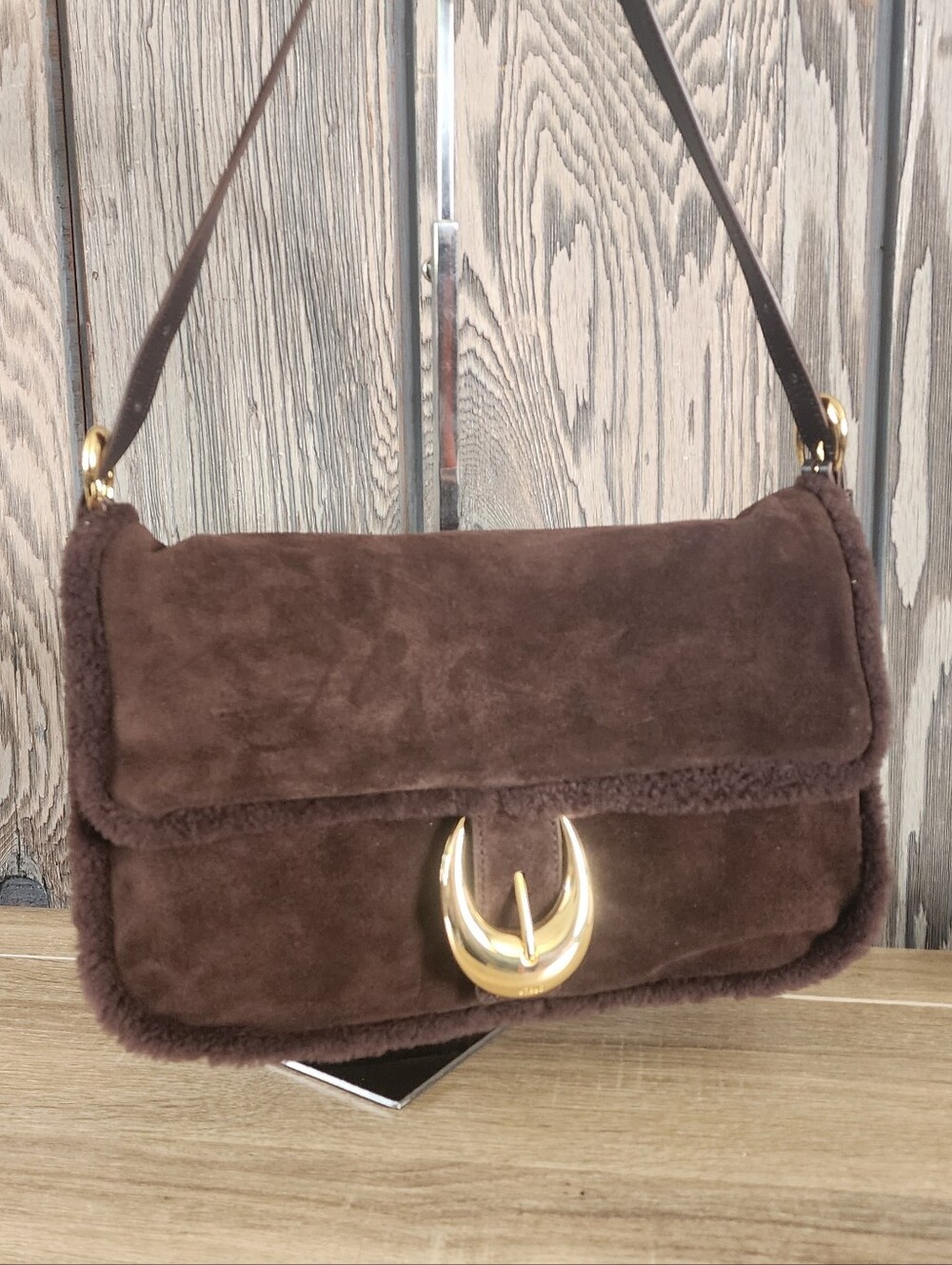 NWOT STAUD Harlow Medium Shearling-Trim Suede Shoulder Bag (Slight Flaws) - Picture 1 of 9